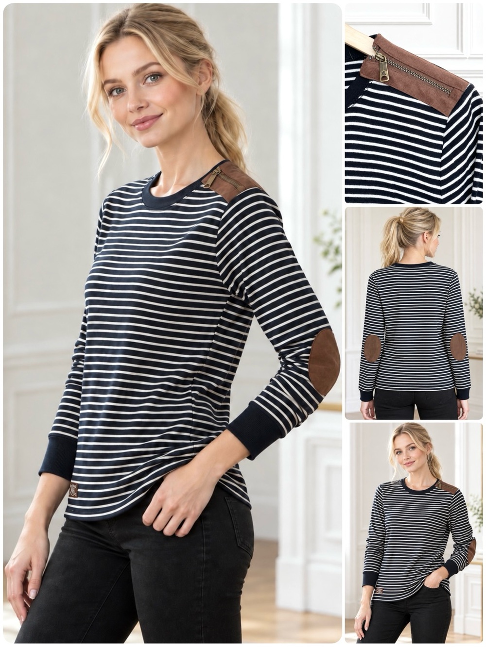 Lauren Ralph Lauren Striped 100% Cotton Top Faux-Suede Elbow Patches Zip Detail